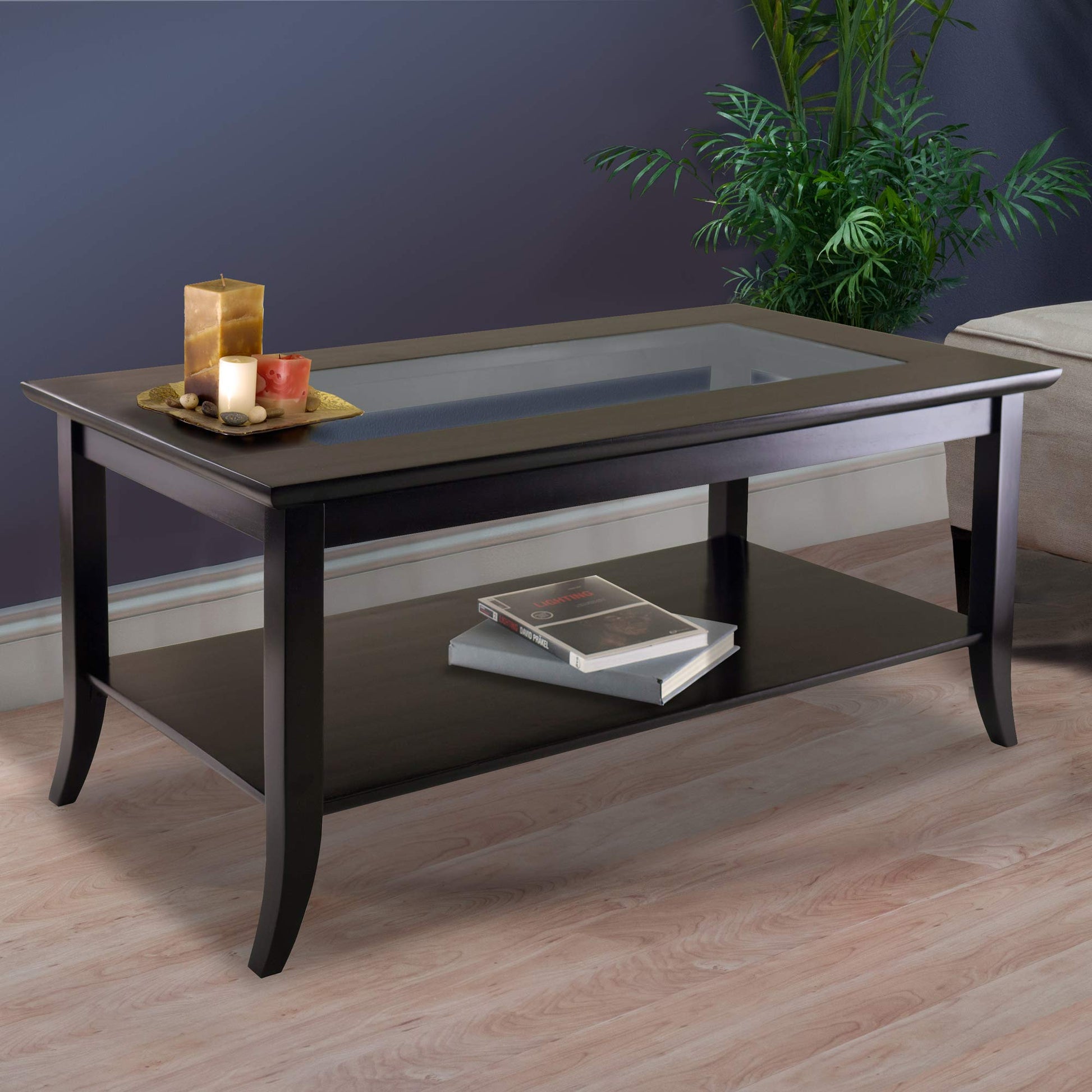 Winsome Genoa Rectangular Coffee Table with Glass Top And Shelf, Espresso - WoodArtSupply