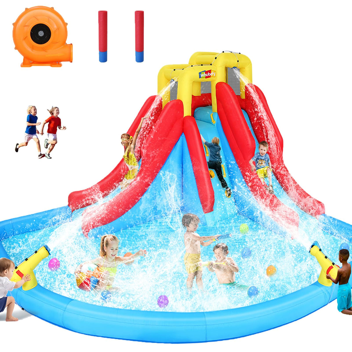 Whubefy Inflatable Water Slide for Kids, 14.5 x 13 FT Water Bounce House for Backyard, Inflatable Water Park for Kids, Waterslide PVC & Oxford Bounce House with Slide, 2 Water Gun & 520W Blower Whubefy
