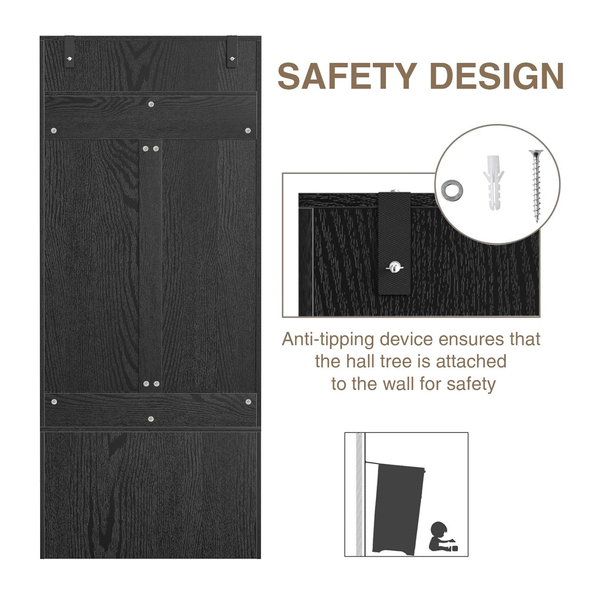 Anmytek Hall Tree with Bench and Shoe Storage, Farmhouse Entryway Bench with Coat Rack, 6 Compartments & 4 Hooks & Rattan Door, Shoe Storage Bench with Soft Cushion for Hallway, Living Room, Black Anmytek