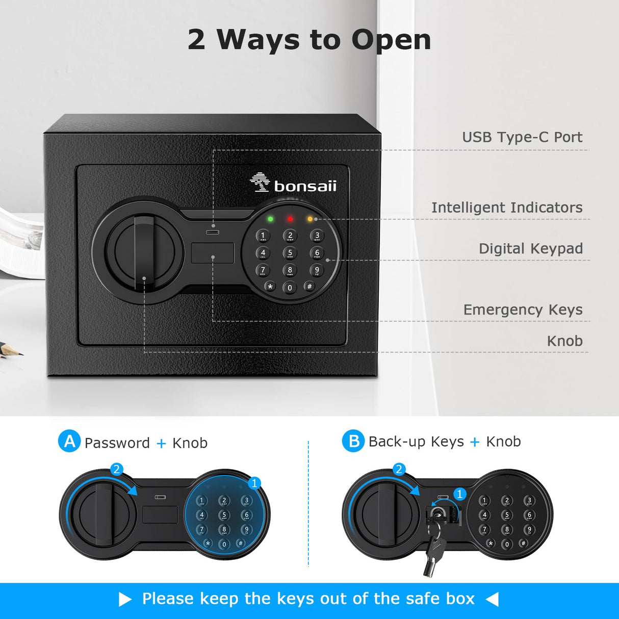 Bonsaii Safe Box with Electronic Keypad, Steel Security Lock Box with Key, 0.23 Cubic Feet, 9.06" W x 6.69" D x 6.69" H, Small Hidden Safe for Cash Jewelry bonsaii