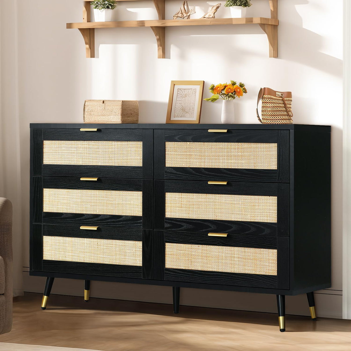 REVOMINCA Rattan Dresser for Bedroom, 6 Drawer Rattan Dresser, Boho Dresser with Gold Handles & Legs, Wood Rattan Chest of Drawers for Bedroom, Storage Drawers for Living Room and Hallway REVOMINCA