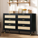REVOMINCA Rattan Dresser for Bedroom, 6 Drawer Rattan Dresser, Boho Dresser with Gold Handles & Legs, Wood Rattan Chest of Drawers for Bedroom, Storage Drawers for Living Room and Hallway REVOMINCA