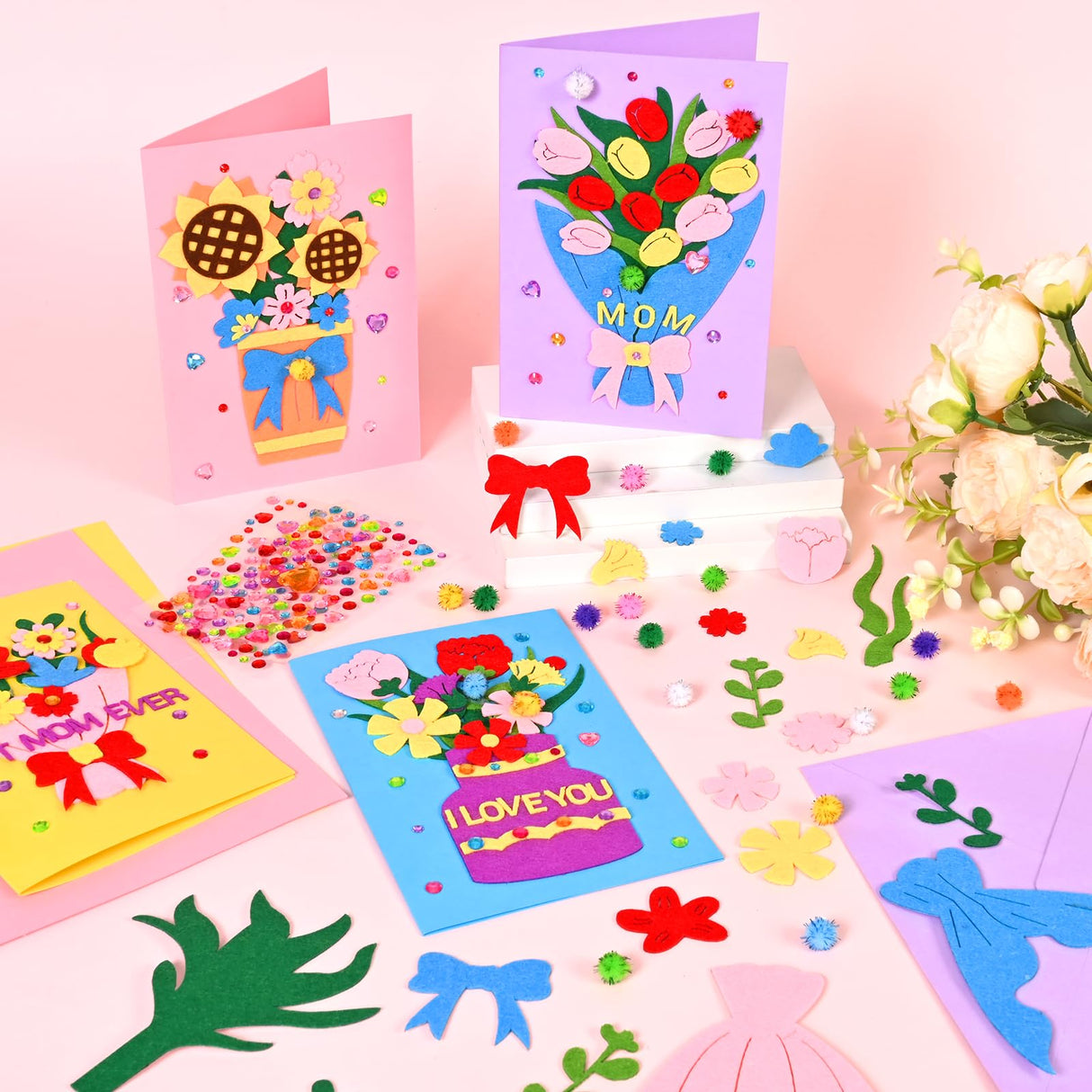 NatuBeau 12 Sets Mothers Day Crafts for Kids, Mother's Day Card Making Kits, DIY Flower Craft Handmade Greeting Card with Envelopes for Classroom Home Kindergarten Activities NatuBeau