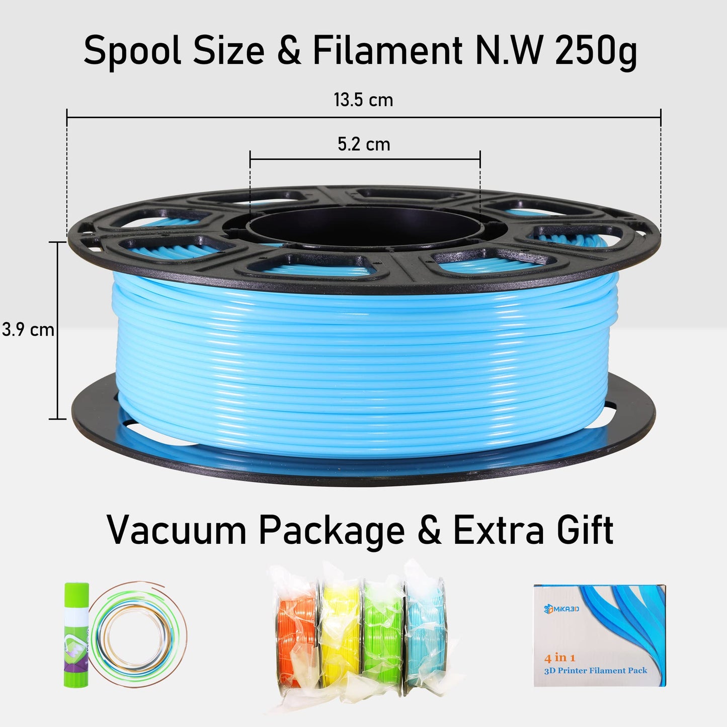 OEM MIKA3D 3D PLA 3D Printer Filament 4 in 1 Bundle: Yellow, Orange, Lime Green, Sky Blue, 4 Bright Colors Packed, Each Spool 250g, 4 Spools Packed, Total 1Kg 1.75mm 3D Printing PLA Material - WoodArtSupply