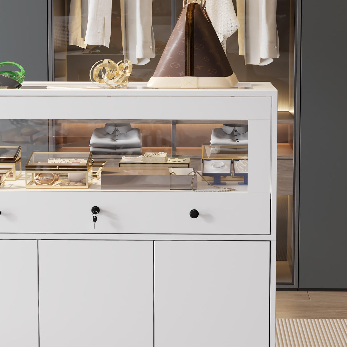 Homsee Wardrobe Armoire Closet with Lock, Walk-in Closet Island Dresser with Glass Showcase, Drawers & Doors, Modern Storage Display Cabinet for Bedroom, Fitting Room & Shops, White Homsee