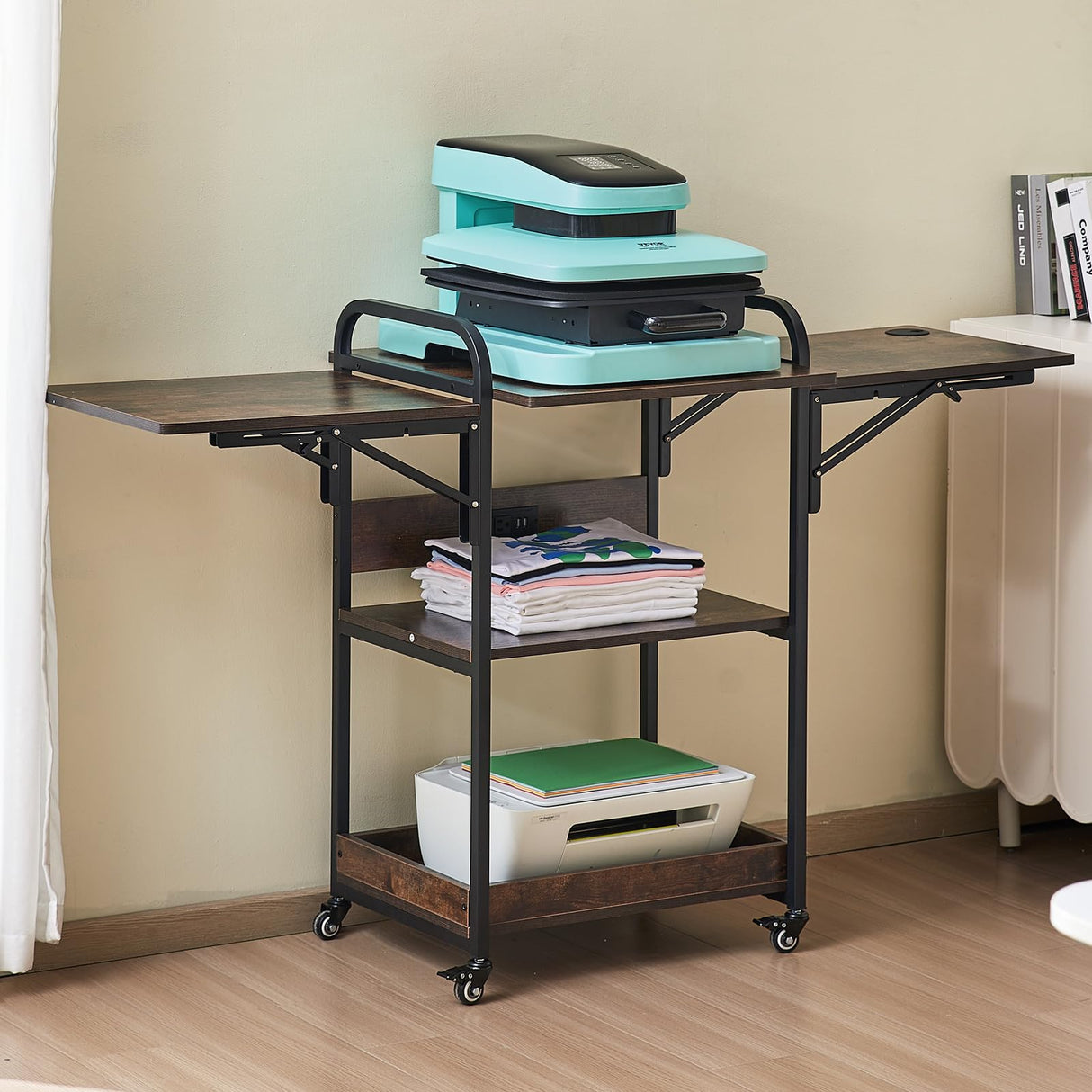 VEVOR 3 Tier Movable Heat Press Table with Charging Station, Foldable Heat Press Stand with Vinyl Roll Holder, Heavy Duty Rolling Metal Workbench for DIY Sublimation Transfer Machine and Printer VEVOR