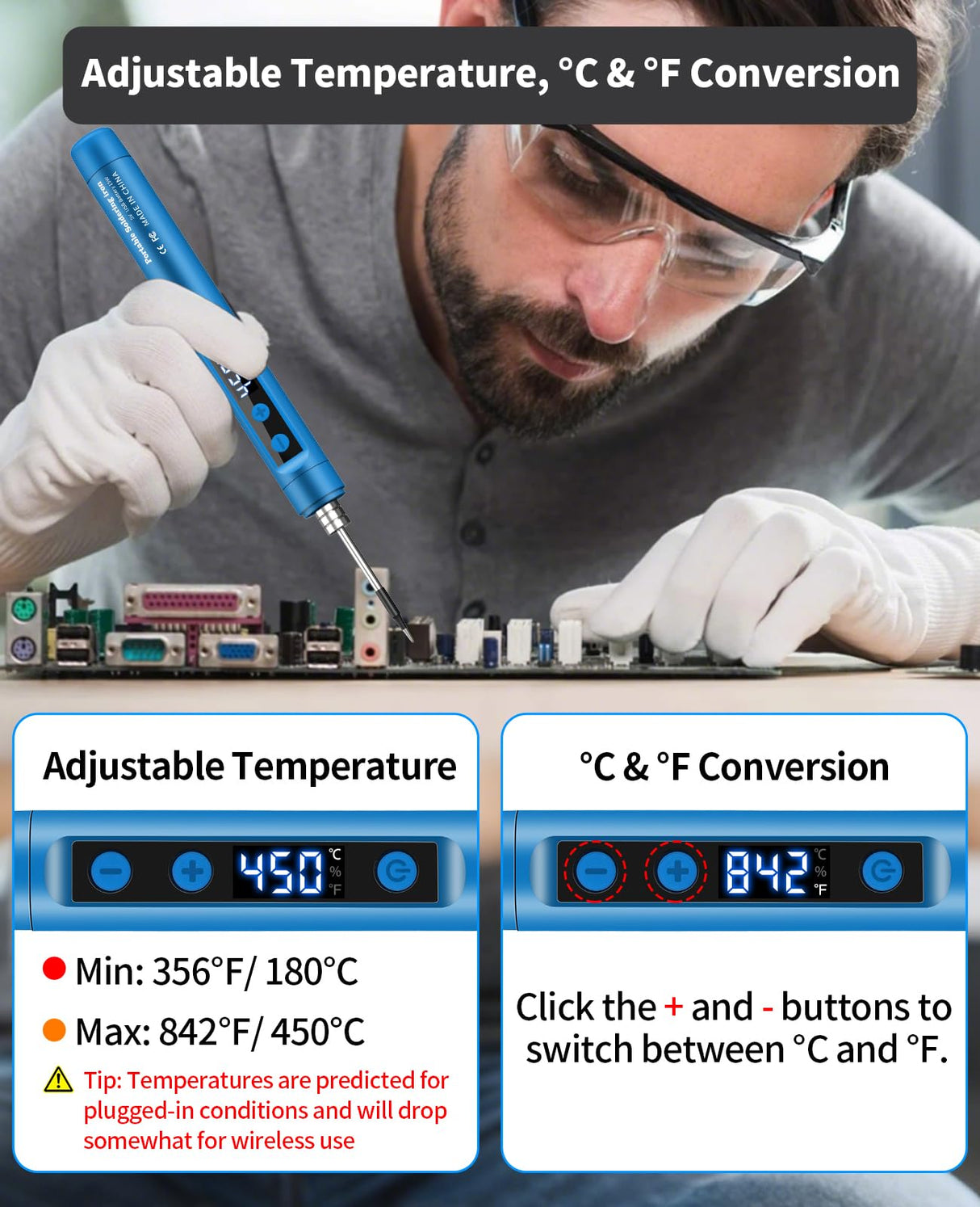 Cordless Soldering Iron Kit - 1100mAh USB Rechargeable Portable Cordless Soldering Gun - LCD Digital Adjustable Temperature Thermostatic for Home Appliance Repair, DIY Qyvorae