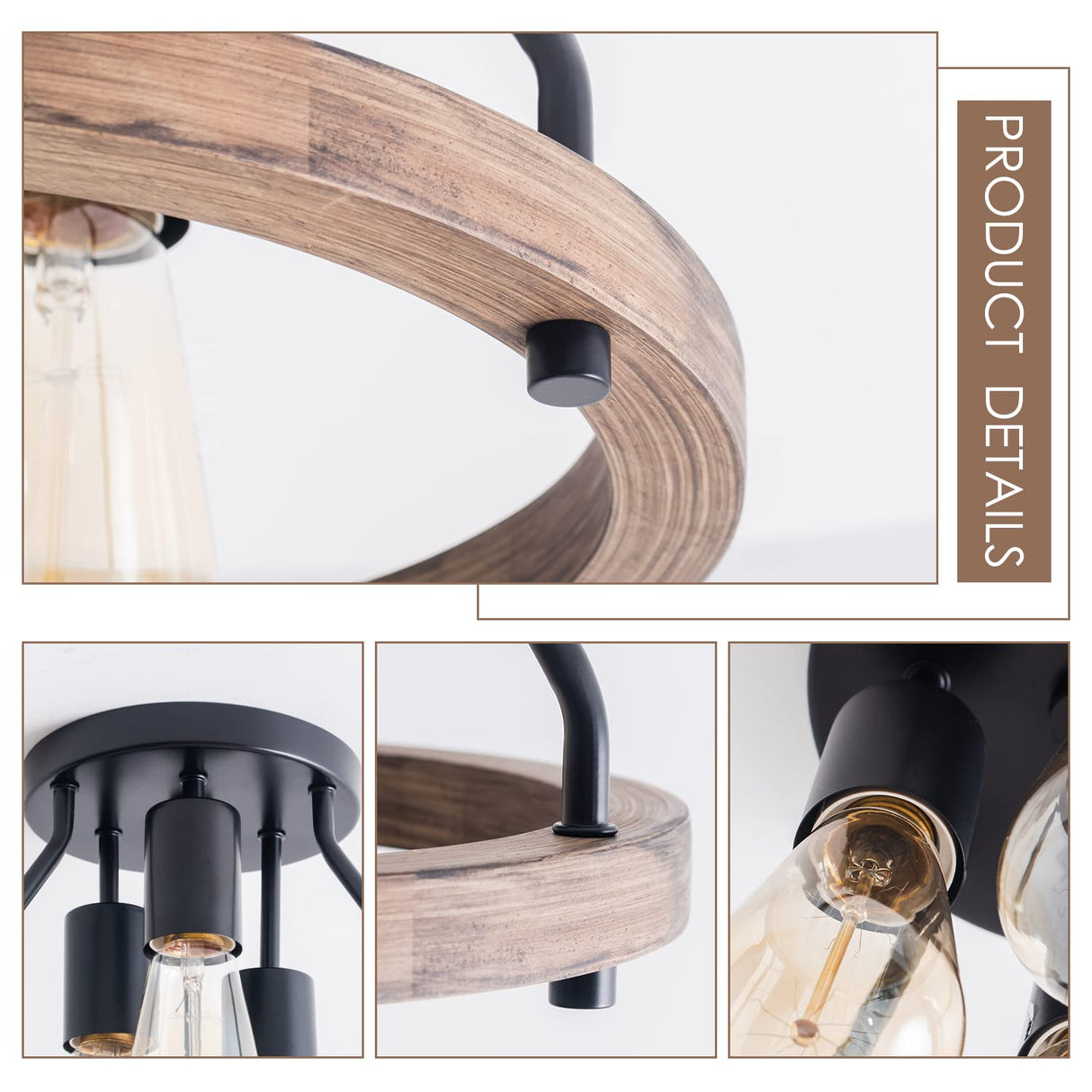 VILUXY Industrial Flush Mount Ceiling Light Fixture with Retro Wood Circle Shade for Hallway, Entryway, Bedroom, Balcony Passway 3-Light VILUXY