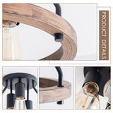 VILUXY Industrial Flush Mount Ceiling Light Fixture with Retro Wood Circle Shade for Hallway, Entryway, Bedroom, Balcony Passway 3-Light VILUXY