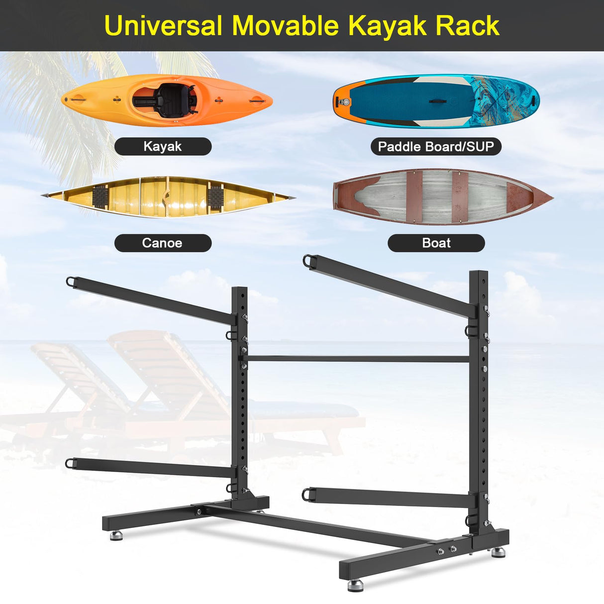 LotFun Kayak Storage Rack, Freestanding Heavy Duty Adjustable Kayak Stand Indoor Outdoor Storage Rack Garage, with Wheels and Foot Pad, for Kayaks, SUPs, Canoes, Surfboard(2 Levels) LotFun