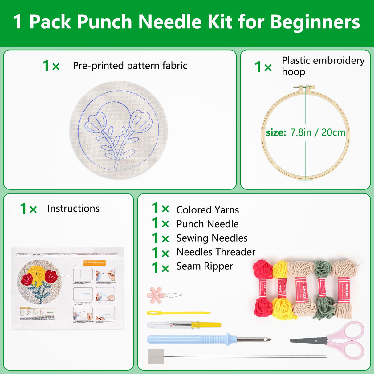 Enkor Punch Needle Kit Adults Beginner,Needle Punch Embroidery Kits Beginners Kids Include Instructions Video, Fabric,Hoop,Yarns,Threader-Flowers Love F1 Enkor