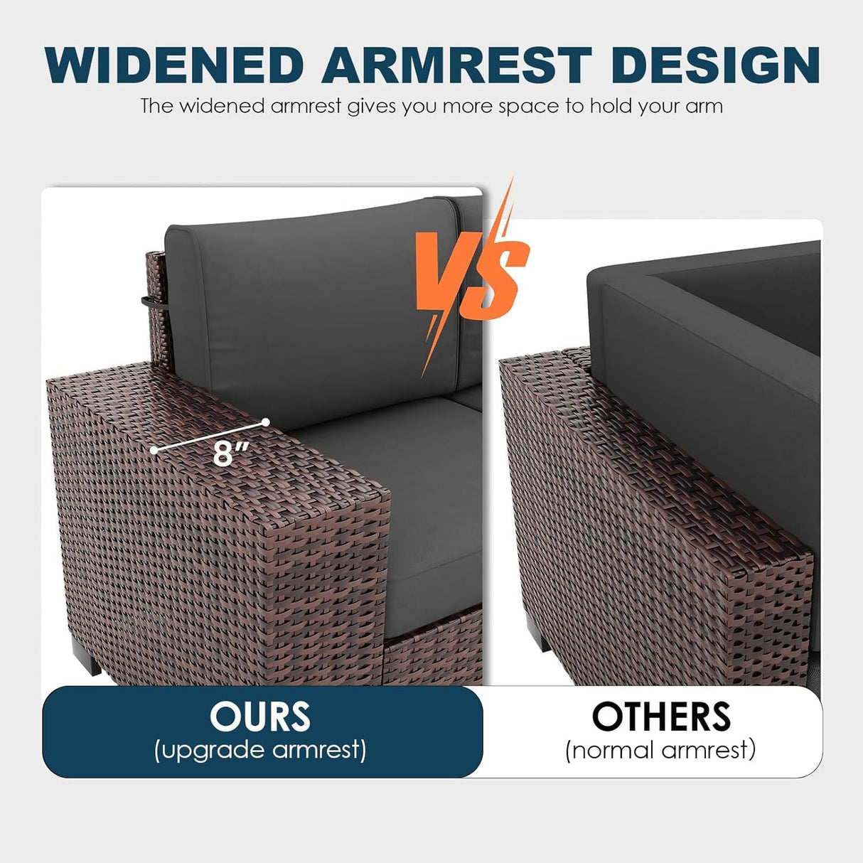 VONZOY Patio Furniture Set, 6 Pieces Outdoor Sectional Sofa Conversation Sets, Brown PE Rattan Wicker Seating Set, 4'' Thickened Cushions & 1 Glass Coffee Table for Backyard Poolside, Grey VONZOY