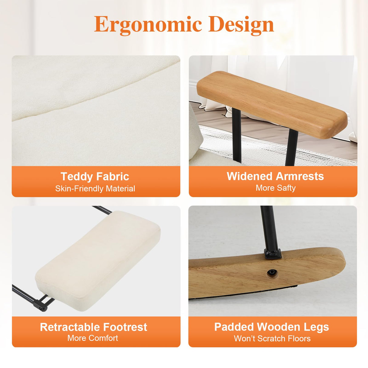 Rocking Chair with Footrest-Glider Rocker Chair with Retractable Footrest and Adjustable Backrest, Teddy Upholstered Rocking Chair, Modern Accent Chair for Living Room/Nursery/Bedroom/Outdoor-Beige COLAMY