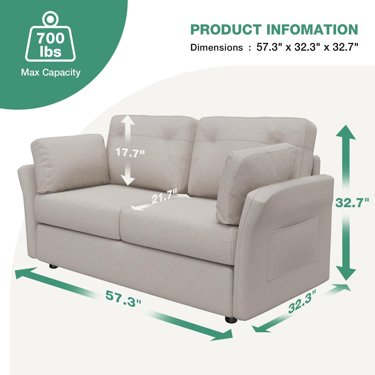 Novilla 57" Loveseat Sofa Small Couch for Living Room, Linen Fabric Upholstered Loveseat Sofa Couch, Small Loveseat Sofa with 2 Bolster Pillows for Apartment, Bedroom, Toolless Assembly,Oatmeal Novilla