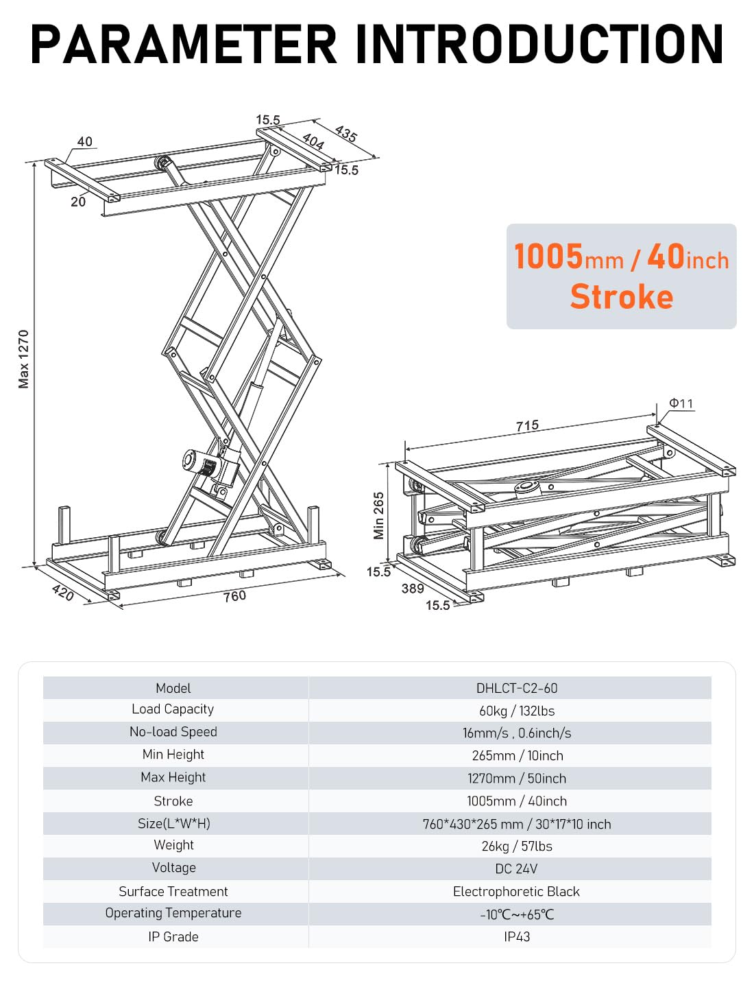 DIHOOL Electric Scissor Lift Table 140LB Load, 265-1270MM Height Adjustable Lifting Platform DIHOOL