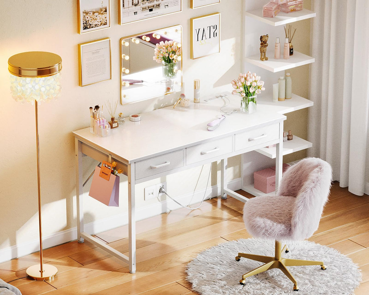 AODK 48" Vanity Desk no Mirror with 3 Fabric Drawers, Small Makeup Vanity Desk for Bedroom with Power Outlet, White Vanity Table with Versatile Hook, Girls Vanity Makeup Table, White AODK