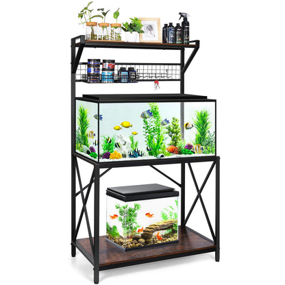 40 Gallon Fish Tank Stand, Vertical Three Tier Metal Aquarium Stand with Grid Wall Panel for Fish Tank Accessories Storage, Fits Aquarium, Turtle Tank, or Reptile Terrariums (Without Basket & Hooks)