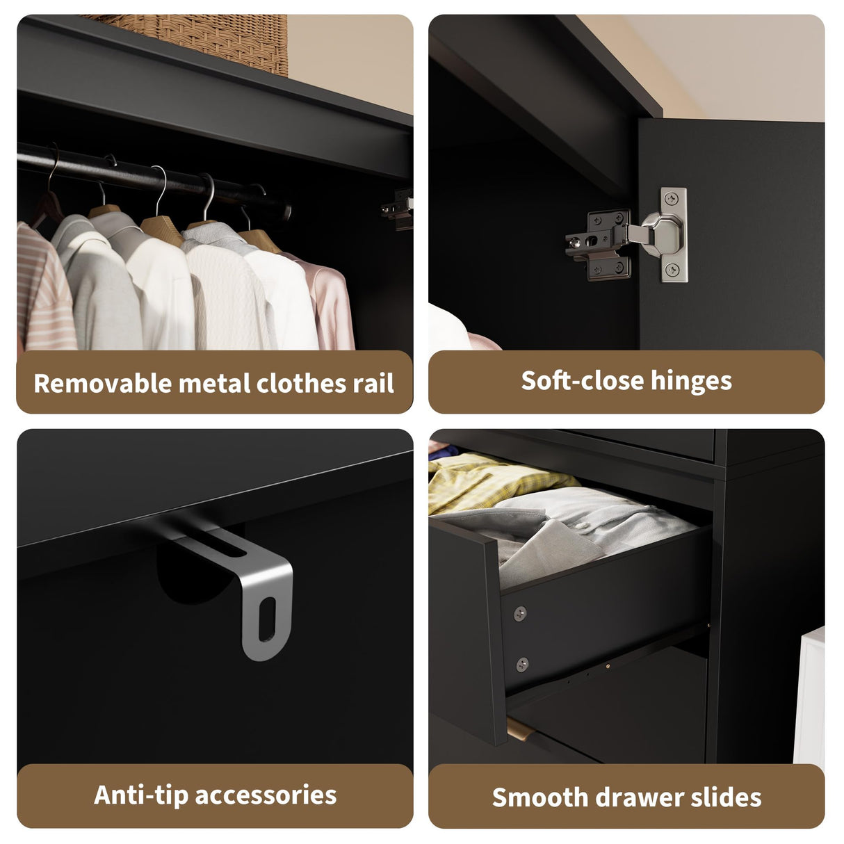 Senfot Rattan Armoire Wardrobe Closet with 3 Drawers and 2 Doors, Modern Wooden Wardrobe Cabinets for Hanging Clothes, Tall Standing Bedroom Armoires, Heavy Duty, Black Senfot