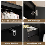 Senfot Rattan Armoire Wardrobe Closet with 3 Drawers and 2 Doors, Modern Wooden Wardrobe Cabinets for Hanging Clothes, Tall Standing Bedroom Armoires, Heavy Duty, Black Senfot