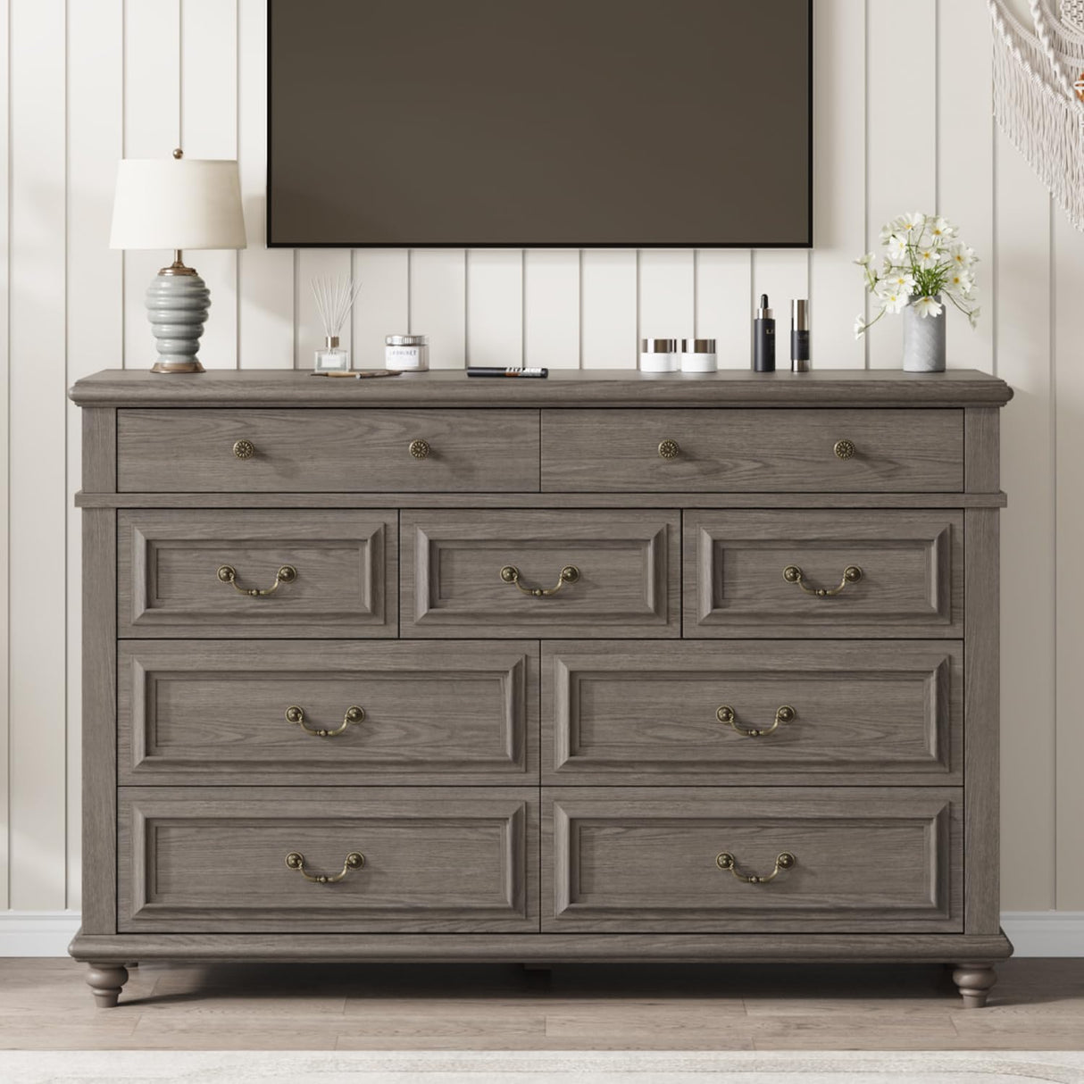 Jocoevol Farmhouse Dresser for Bedroom 9 Drawer Dresser with Deep Drawers, Tall Grey Big Large Wooden Chest of Drawers for Living Room, Hallway, Entryway (Grey, 9 Drawer) Jocoevol