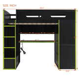 SOFTSEA Full Size Gaming Loft Bed with Desk, Wood Loft Bunk Bed with Wardrobe, Drawers, LED Light & USB Ports, Full Gaming Bed with Desk Underneath and Storage, Green & Black SOFTSEA