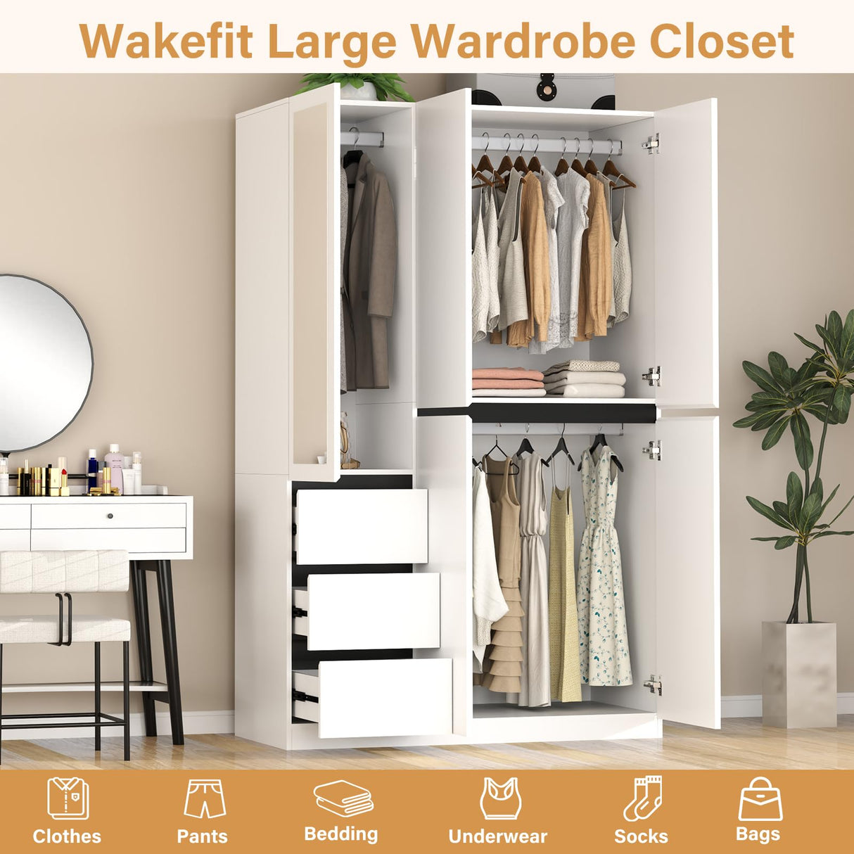 Wakefit 5 Door Armoire Wardrobe Closet with 3 Drawers & Mirror, Wooden Bedroom Armoires with Shelves and Hanging Rod, Freestanding Wardrobe Cabinet for Bedroom, Guest Room (White) Wakefit