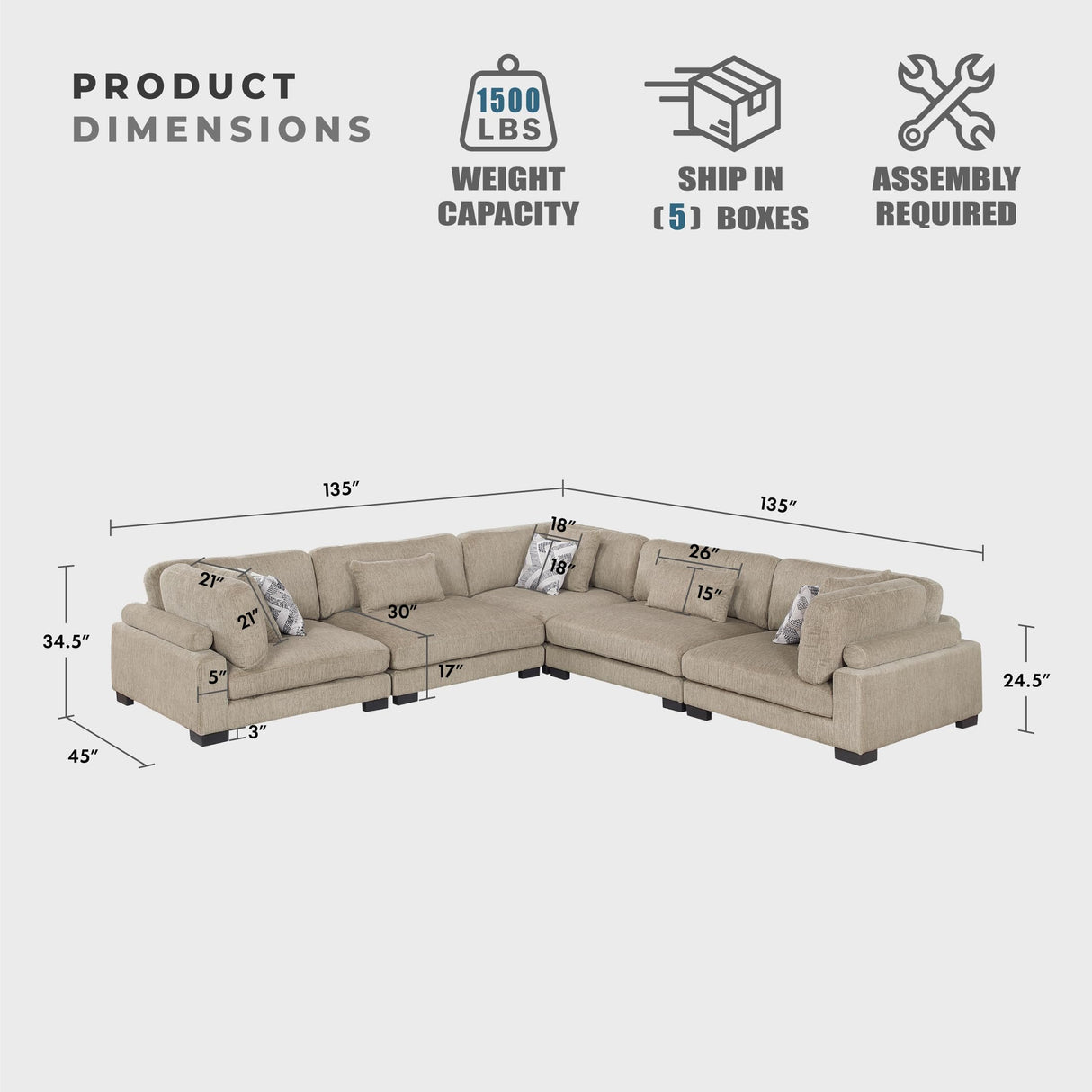 Lexicon Modular Sectional Sofa, Textured Microfiber Oversized Sectional Sofa, 8 Pillows, Adjustable Back and Armrests, Removable Back Cushion Cover, L Shape Couch, 5 Seater, Beige Lexicon