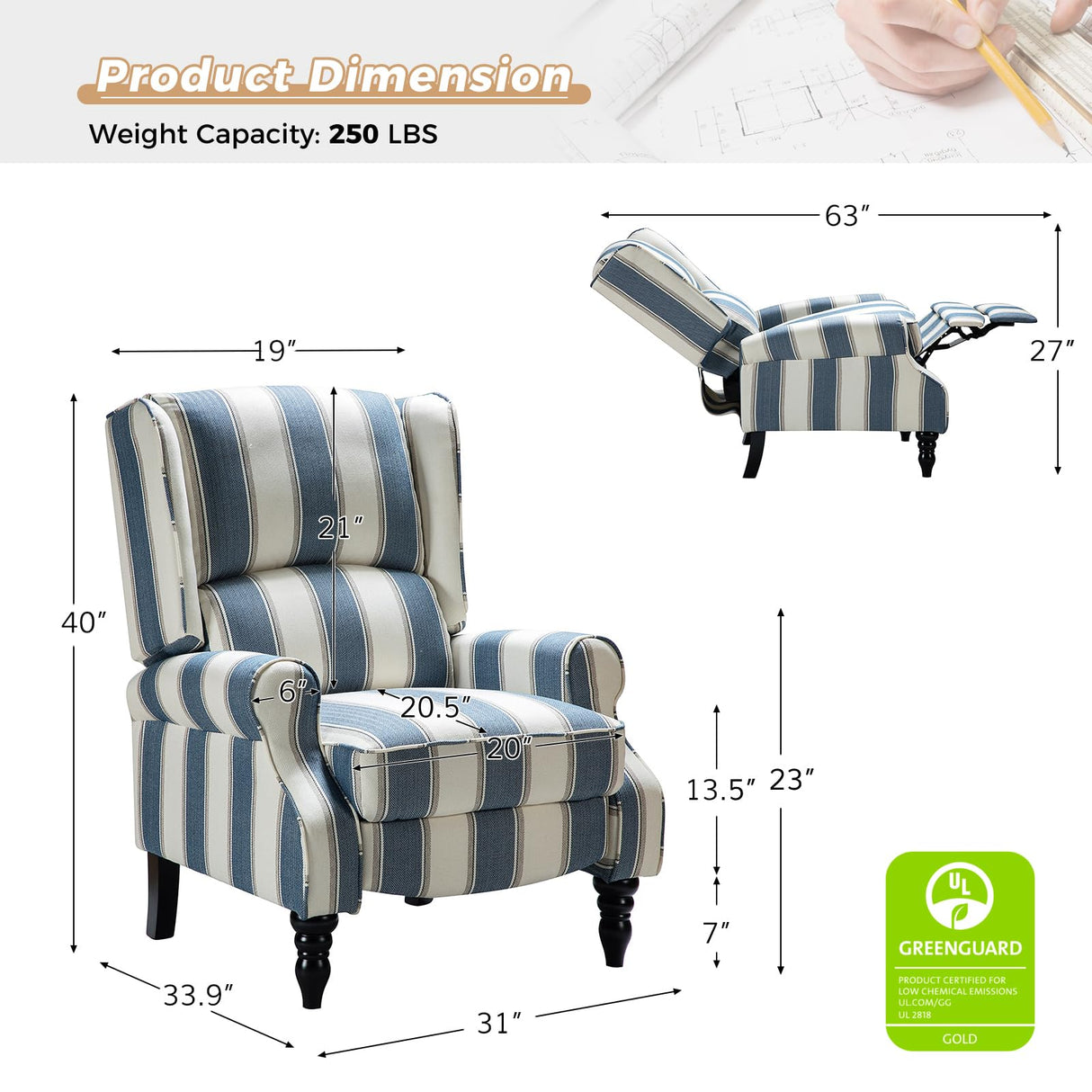 HULALA HOME Upholstered Wingback Recliner Chair, Small Adjustable Footrest Push Back Single Reclining Sofa, Mid Century Modern Lounge Armchair for Living Room, Bedroom, Reading/Stripe Navy HULALA HOME