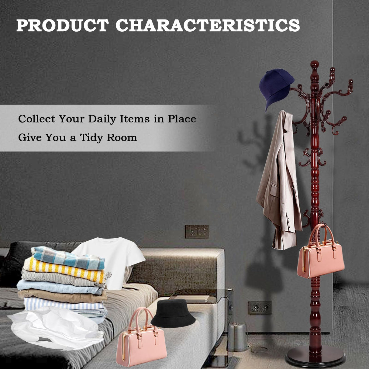 Coat Racks Free Standing with 14 Hooks, Natural Wood Coat Rack with Solid Round Base, Adjustable Height Coat Racks, Easy Assembly for Hallway, Bedroom and Office (Reddish brown) RUFXIEZW