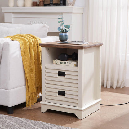 LIDYUK Nightstand with Charging Station, Farmhouse End Table with 2 Drawers & Open Cubby, Rustic Wood Sofa Side Table for Bedroom, Living Room, Office, Antique White
