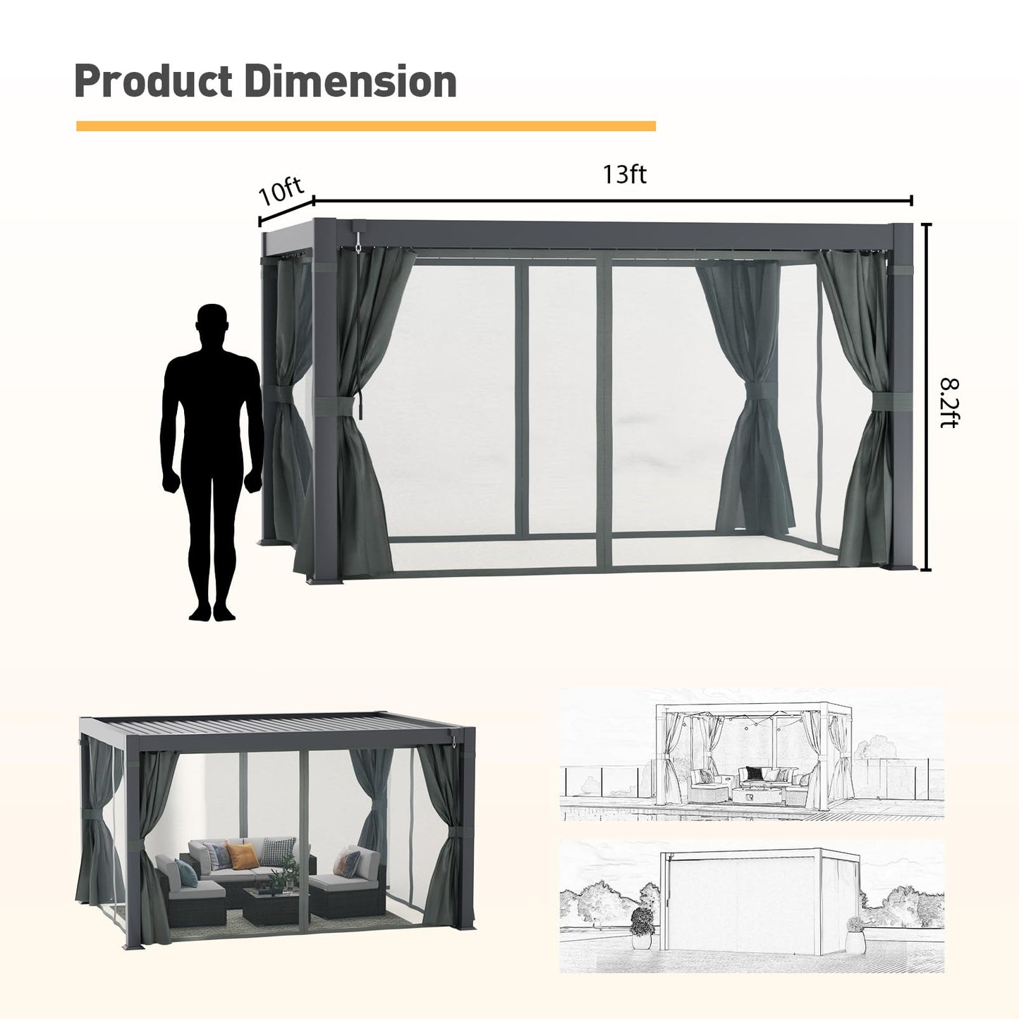 COSIEST 10'×13' Louvered Pergola, Outdoor Aluminum Pergola with Adjustable Roof, Netting & Curtains, Hardtop Gazebo Sun Shade for Patio Garden Backyard Pavilion, Grey