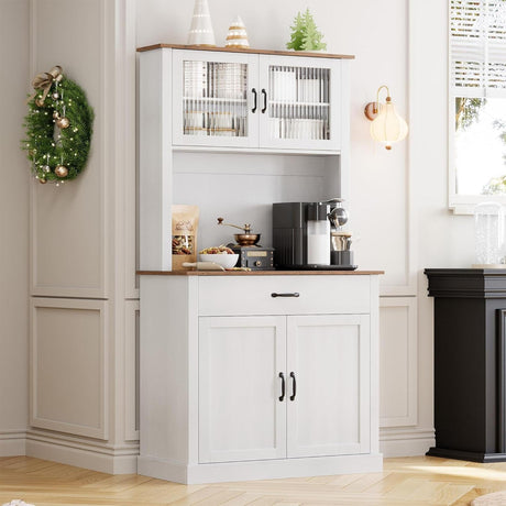 IDEALHOUSE Kitchen Pantry Cabinet with Microwave Stand, 71”Freestanding Tall Kitchen Cabinet with Doors and Shelves for Dining Room, White IDEALHOUSE