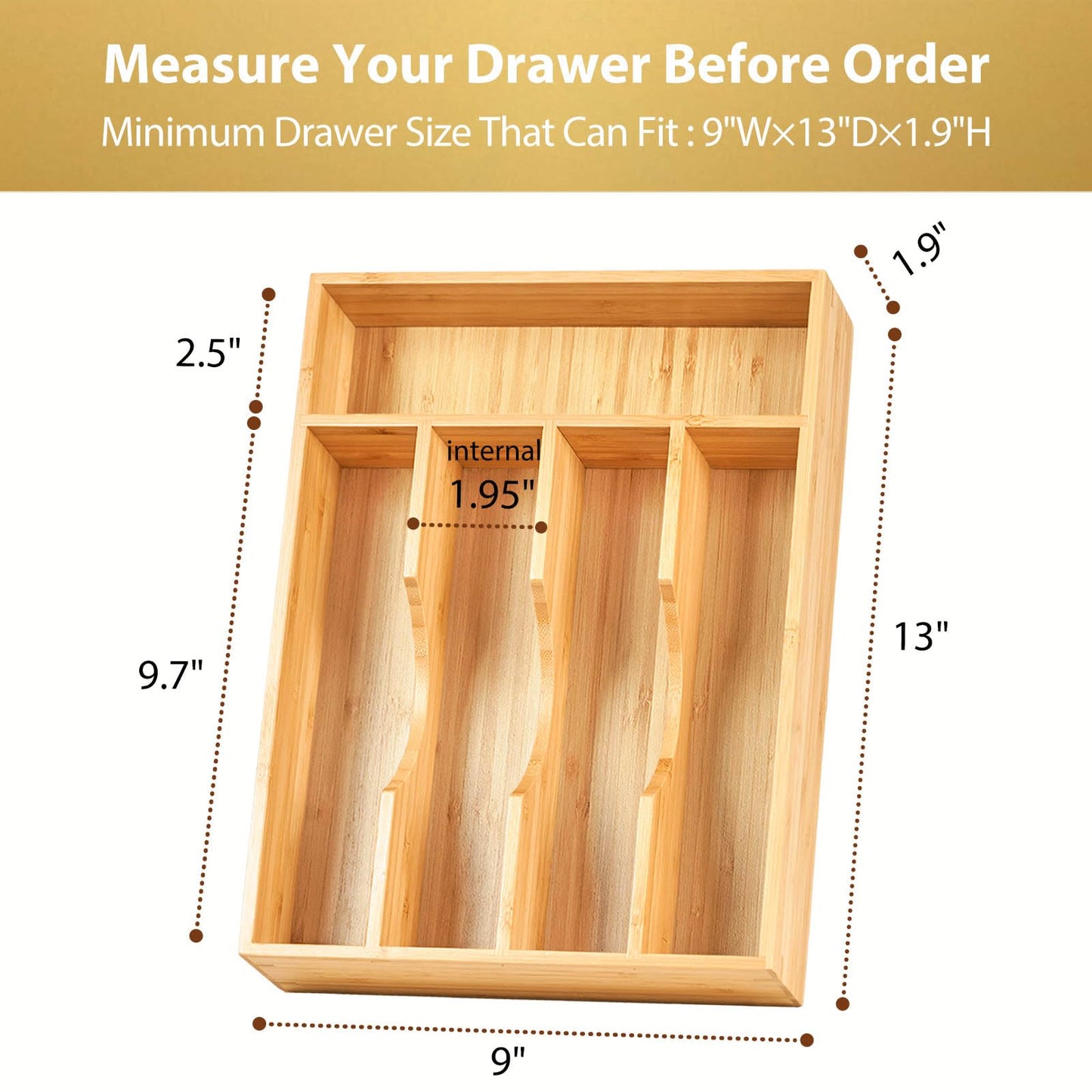 Umilife Bamboo Kitchen Drawer Organizer, 9 Inch Silverware Utensils Tray Holder for Small Drawer, Wood Caddy for Flatware Cutlery Knives