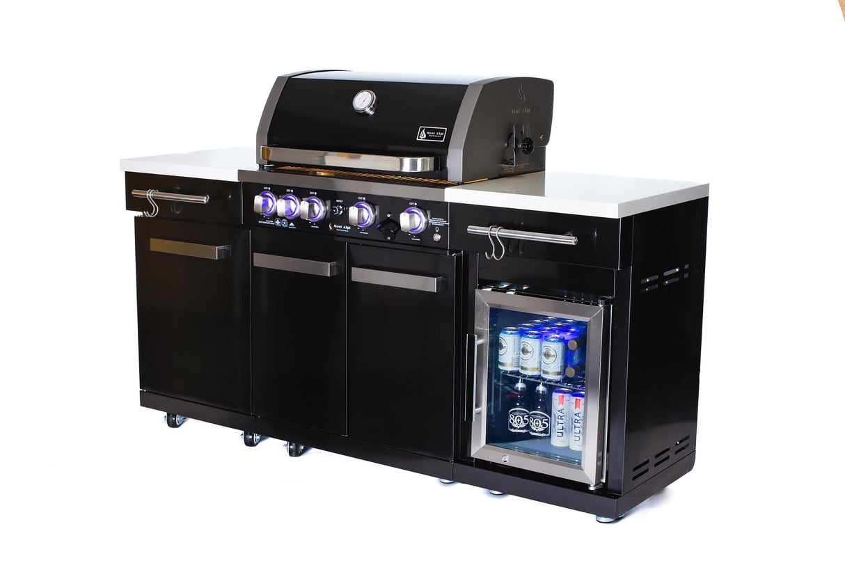 Mont Alpi MA-957FC 5-Burner 63000 BTU Black Stainless Steel Outdoor Kitchen Bar Gas Barbecue Island Grill with Infrared Rear Burner + Fridge Cabinet + Rotisserie Kit & Full Weather Cover Mont Alpi