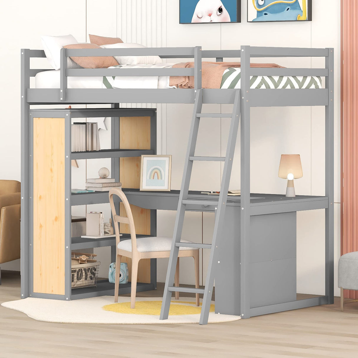 Harper & Bright Designs Twin Loft Bed with Desk, Shelves, and Storage in Grey Harper & Bright Designs