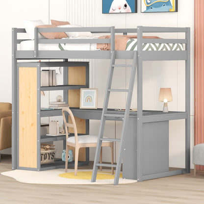 Harper & Bright Designs Twin Loft Bed with Desk, Shelves, and Storage in Grey - WoodArtSupply