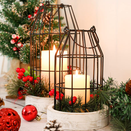 Rustic Wire Metal Cloche Set of 2 Candle Lantern Decorative Indoor Outdoor Vintage Cage Candle Holders Modern Farmhouse Decor for Fireplace Mantle Entryway Living Room Kitchen Dining Table Centerpiece SHOHAYTO
