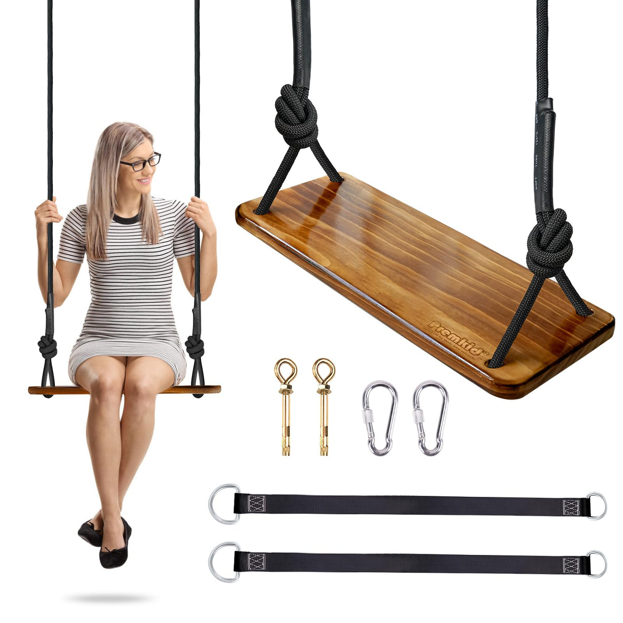 Premkid Carbonized Hanging Wooden Swing, Swing Seat 24"x 8"x 1.2", Tree Swing for Adults Kids with 500lbs Load, Adjustable Climbing Rope Plus Tree Straps 116 inch, Outdoor Indoor Room Wood Swing Set Premkid