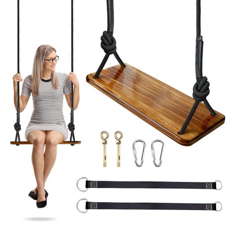 Premkid Carbonized Hanging Wooden Swing, Swing Seat 24"x 8"x 1.2", Tree Swing for Adults Kids with 500lbs Load, Adjustable Climbing Rope Plus Tree Straps 116 inch, Outdoor Indoor Room Wood Swing Set Premkid