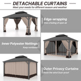 Gotland 2024 New 12' x 16' Hardtop Gazebo, Outdoor Iron Metal Double Roof Pergola with Curtains and Netting for Patio, Garden, Lawn, Khaki Gotland
