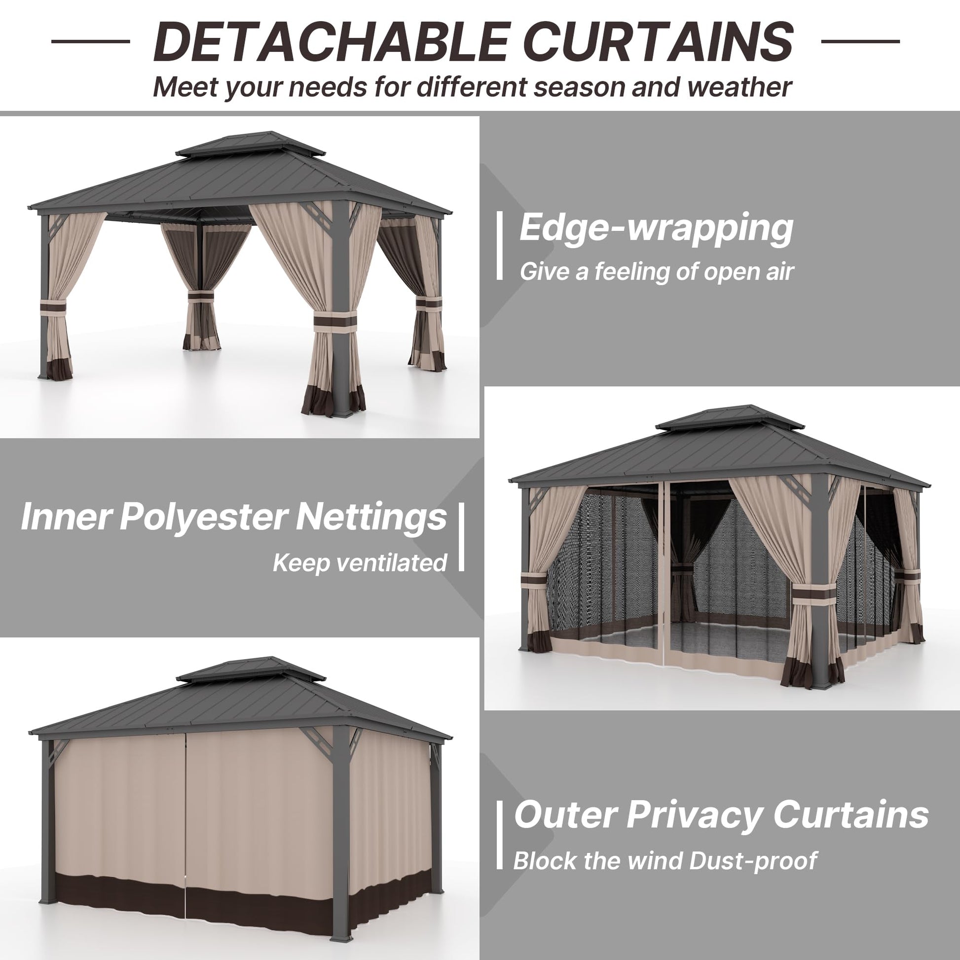 Gotland 2024 New 12' x 16' Hardtop Gazebo, Outdoor Iron Metal Double Roof Pergola with Curtains and Netting for Patio, Garden, Lawn, Khaki - WoodArtSupply