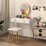 CHARMAID Makeup Vanity Table with Lighted Mirror, Vanity Desk with 2 Large Drawers, Adjustable 3 Lighting Modes, Modern Girls Bedroom Vanity Table with Chair for Small Spaces, White & Gold CHARMAID