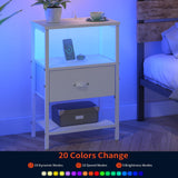 Sthmec Nightstands Set of 2, LED Bedside Tables with Charging Station and Fabric Drawer, Night Stand with Storage, 3 Tier Side Table with Open Shelf, LED Nightstand with Charging Station, White WoodArtSupply