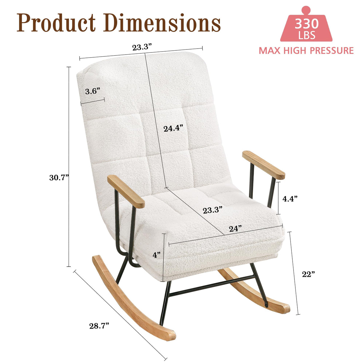 VECELO Wide Rocking Chair Nursery, Oversized Upholstered Glider with High Backrest and Padded Cushion, Teddy Fabric, Beige VECELO