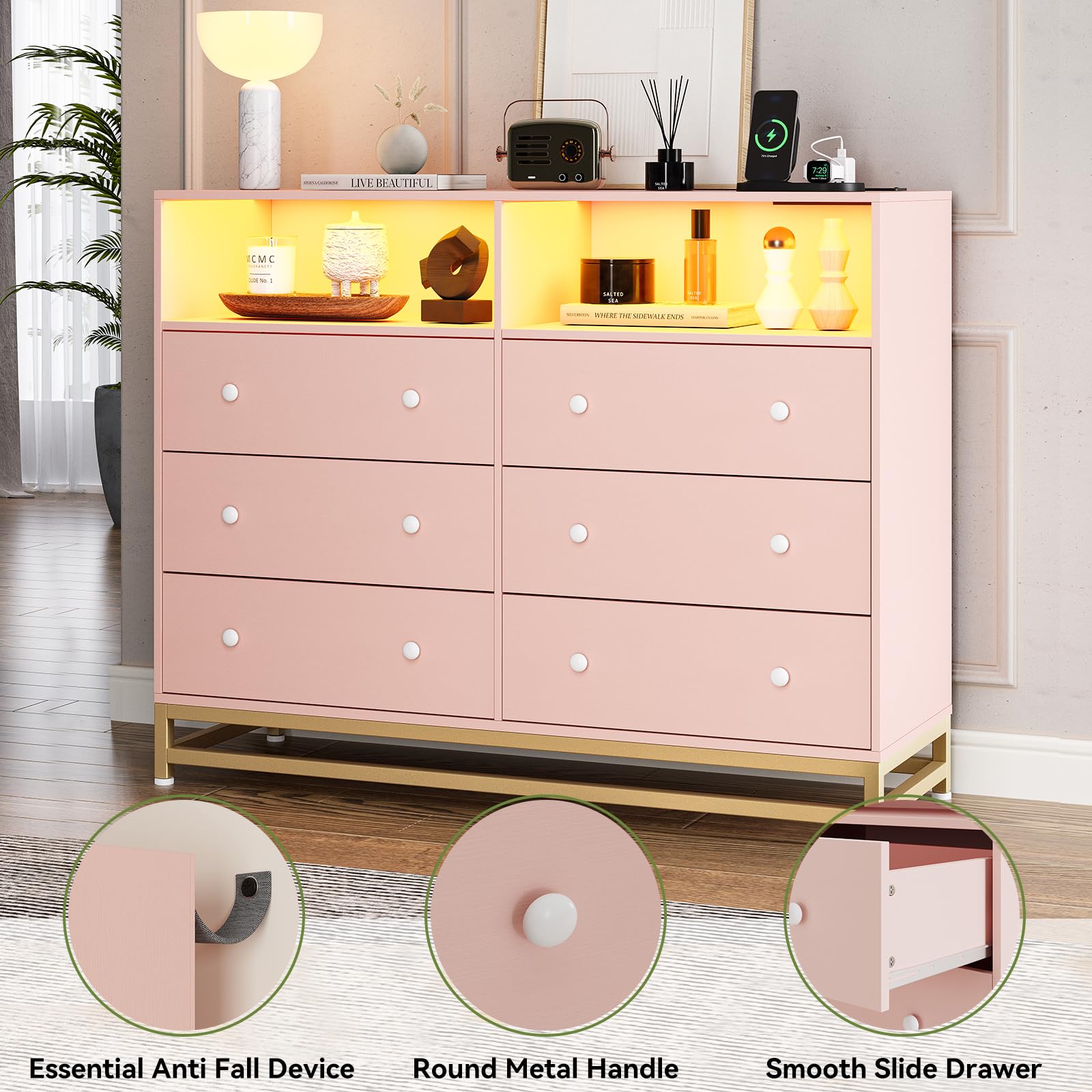 Jojoka Wide Dresser for Bedroom with Charging Station, 6 Drawer Dresser with LED Lights, Modern Large Capacity Storage Cabinet, Wood Dressers & Chests of Drawers Closet,Pink… - WoodArtSupply