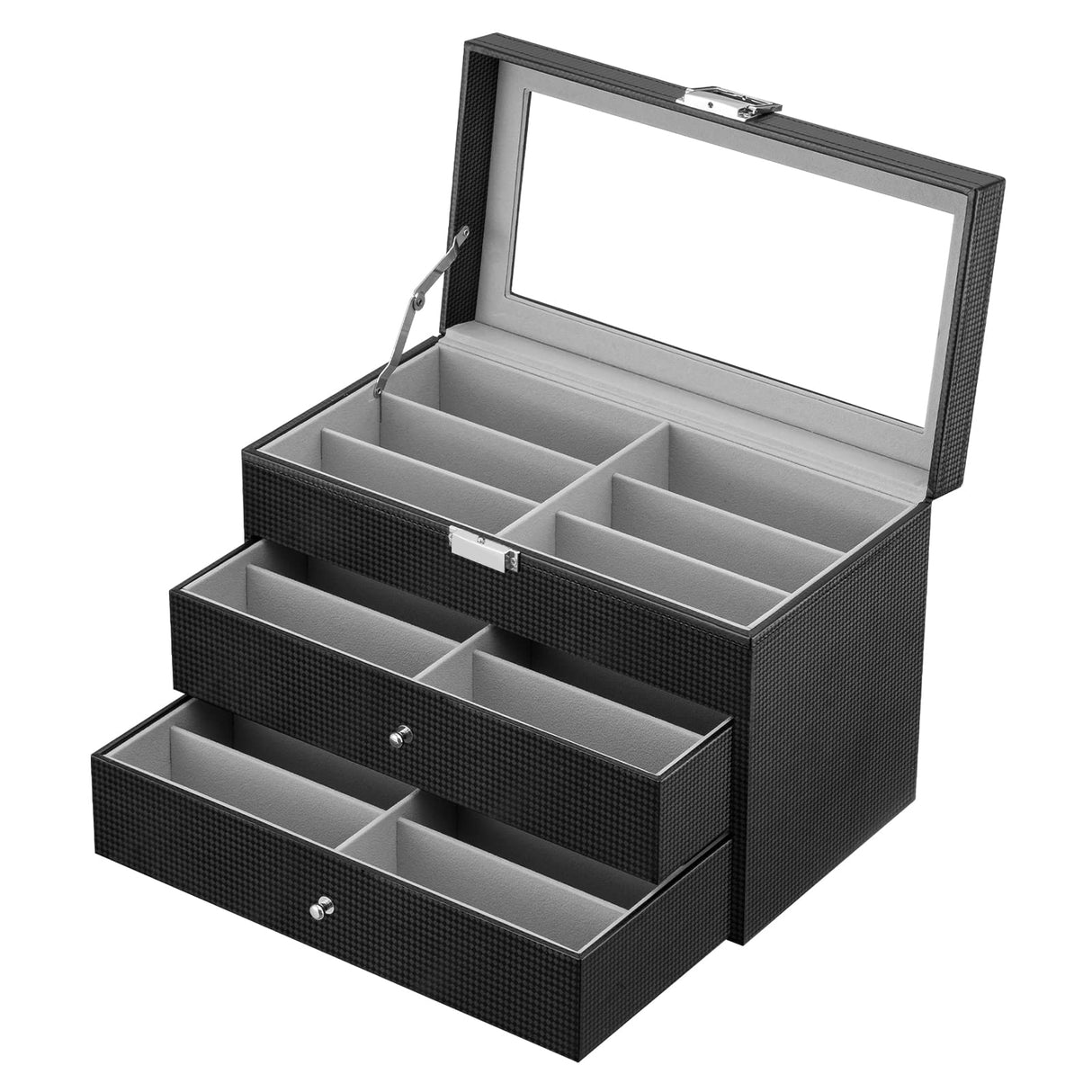 Oyydecor Sunglasses Organizer for Women Men, 3-layer 18 Slots Glasses Case Sunglass Eyeglasses Collector Eyewear Display Storage Box with Drawer Clear Glass Top, Carbon Fiber, Black Oyydecor
