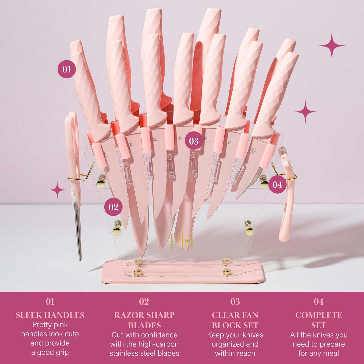 Paris Hilton Knife Block Set with Fan Style Clear Acrylic Knife Block, Premium Stainless Steel Blades with Nonstick Coating, Comfort Grip Handles, 16-Piece Set, Pink and Gold Paris Hilton