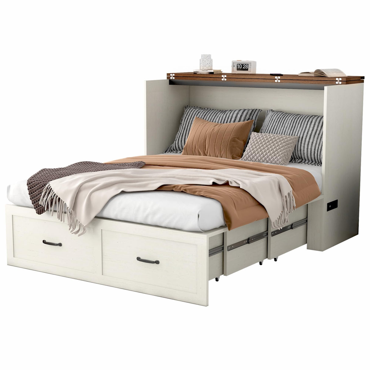 Hlivelood Full Size Murphy Chest Bed with Drawer and Charging Station, Farmhouse Wood Space-Saving Hidden Folding Beds Chest, Multifunctional Storage Cabinet Bed for Bedroom, Office, Rustic White Hlivelood