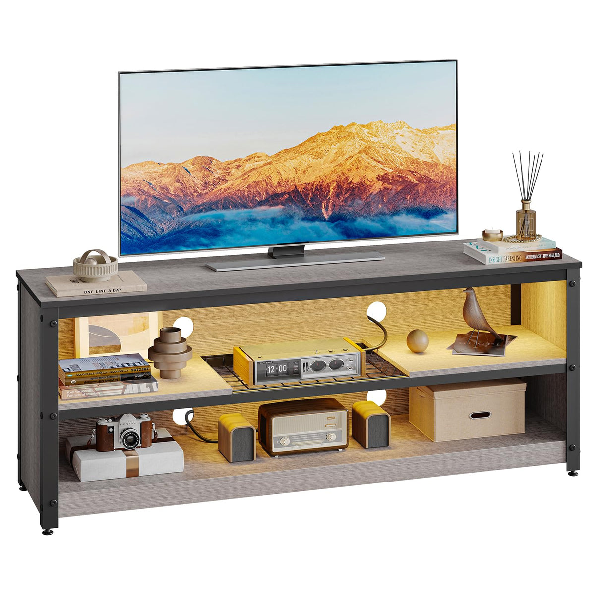 Bestier Gaming Entertainment Center for 50/55/60 Inch TV, LED TV Stand Cabinet with Adjustable Shelves, Wood Industrial TV Media Console Table with with Metal Frame for Living Room Bedroom, Gray Bestier