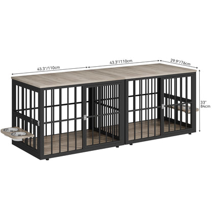 YITAHOME 88.6" Large Corner Dog Crate Furniture for 2 Dogs, 4 Combination Forms Wooden Dog Kennel with 360° rotatable Dog Bowls & 3 Doors,Dog Crate Furniture TV Stand for Medium Large Dog, Grey